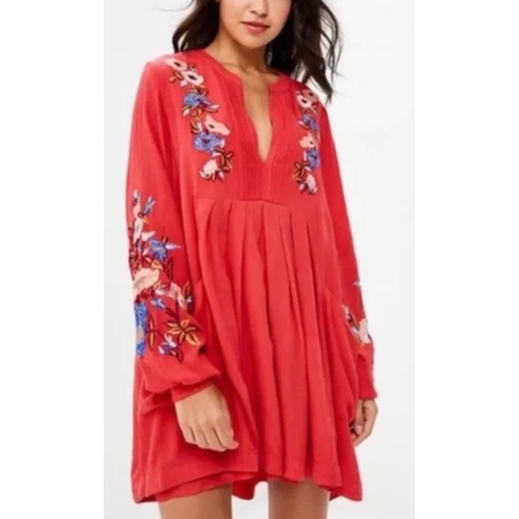 Free People Dresses & Skirts - Free People Mia Gauze Floral‎ Embroidered Long Sleeve Mini Dress Size XS Red